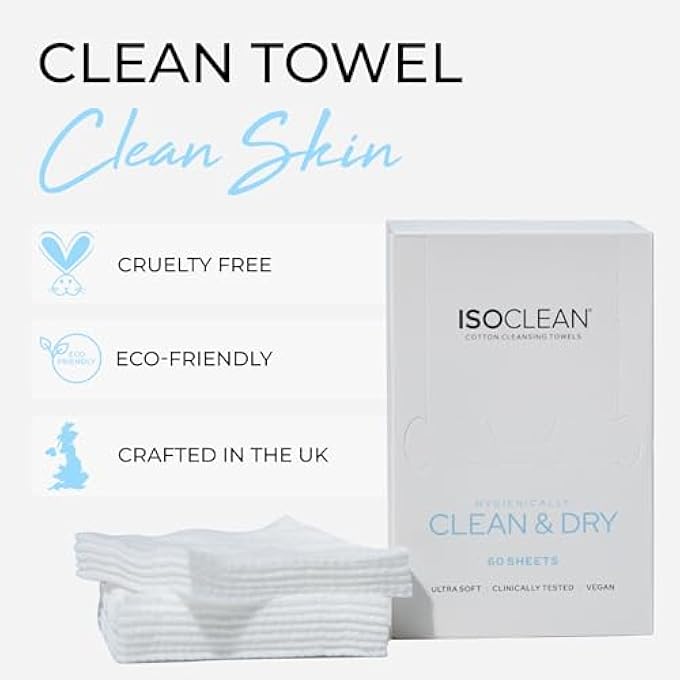 Isoclean منشفة وجه - علبة من 60 مناديل إزالة المكياج، مناشف قابلة للاستخدام مرة واحدة مصنوعة من قطن عضوي ناعم، لطيفة على البشرة الحساسة، مثالية لتنظيف الوجه وإزالة بقايا مستحضرات التجميل - Image 2